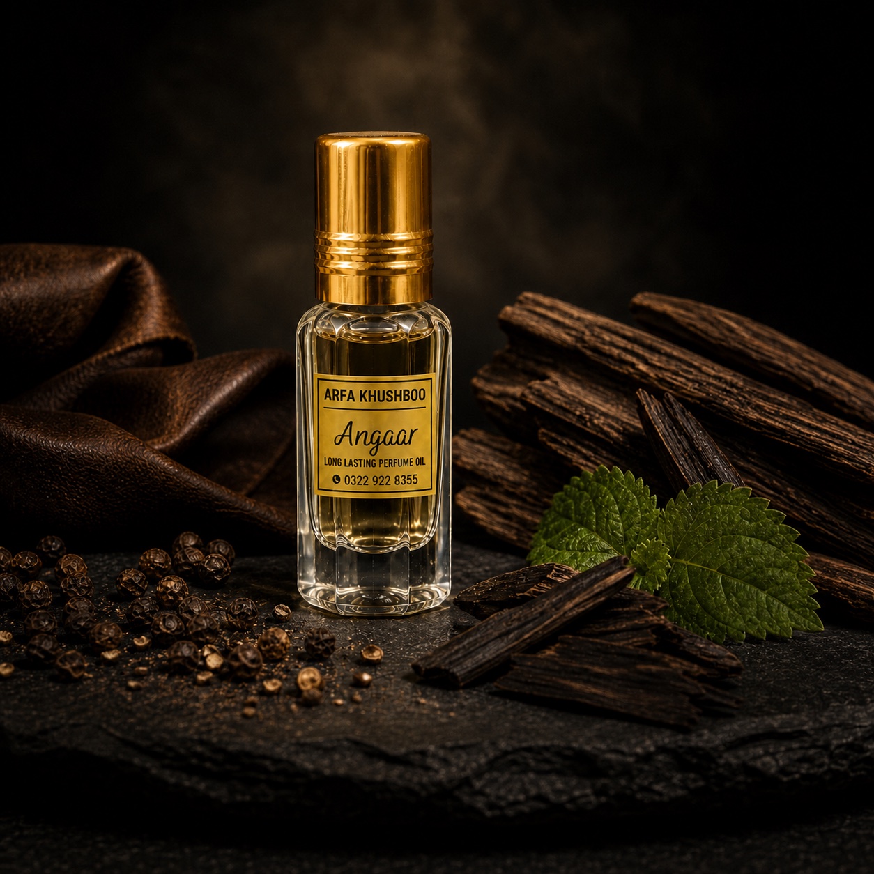 ARFA KHUSHBOO Angaar perfume oil bottle with a gold cap and yellow label, inspired by Gissah Imperial Valley