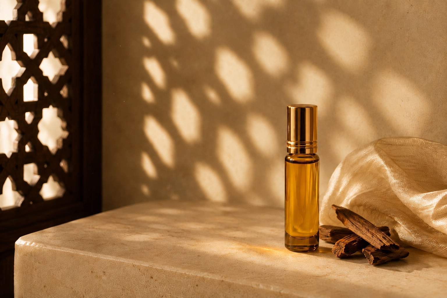 ARFA KHUSHBOO amber attar roll-on beside oudh wood on a marble ledge in mashrabiya light