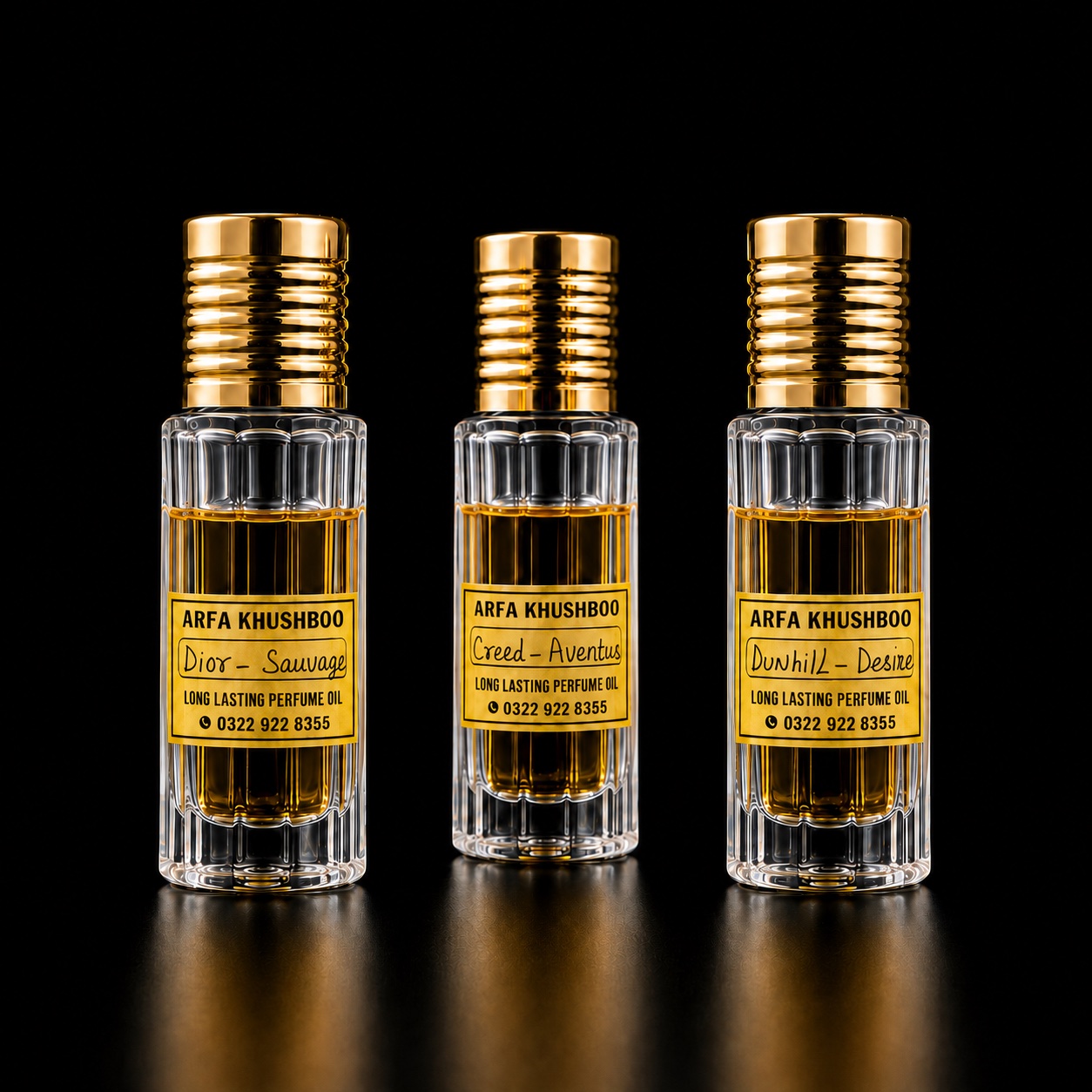 Three ARFA KHUSHBOO 6ml perfume oil bottles with gold caps and yellow handwritten labels reading Dior Sauvage, Creed Aventus and Dunhill Desire