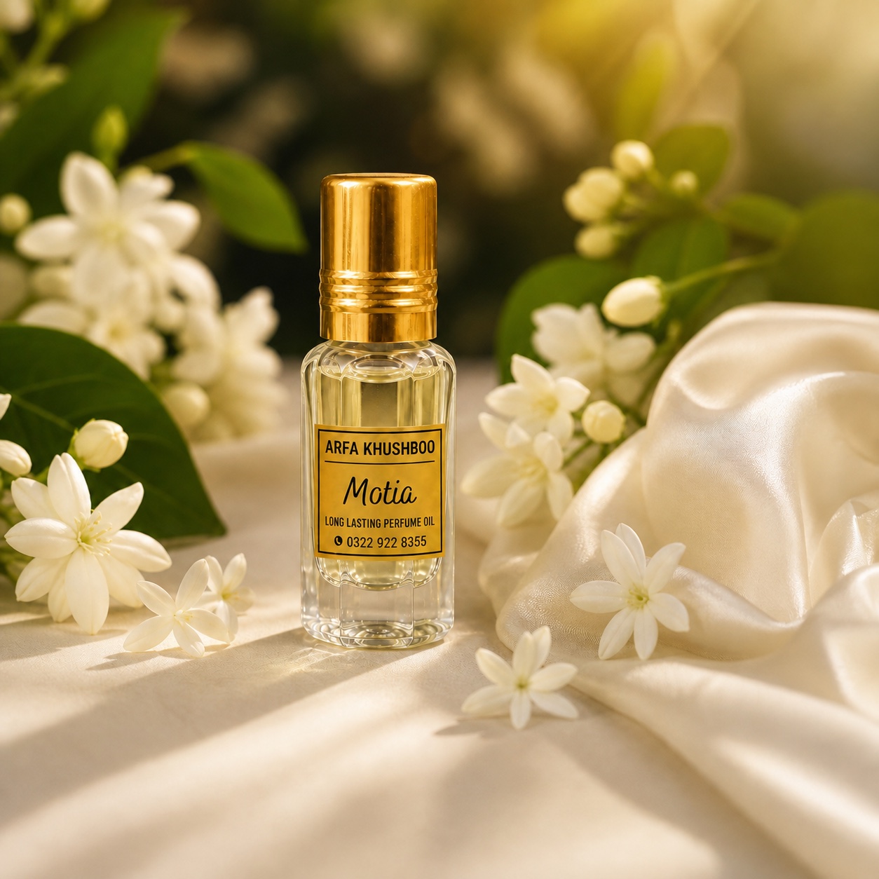 ARFA KHUSHBOO Motia perfume oil bottle with a gold cap and yellow label