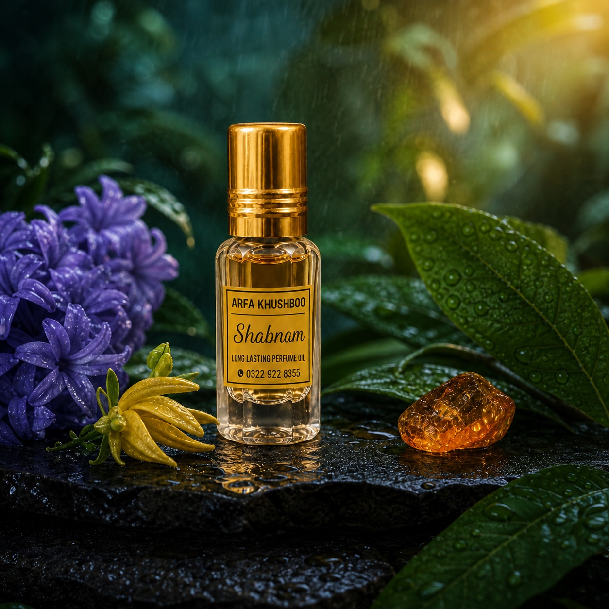 ARFA KHUSHBOO Shabnam perfume oil bottle with a gold cap and yellow label, inspired by Estee Lauder Beyond Paradise