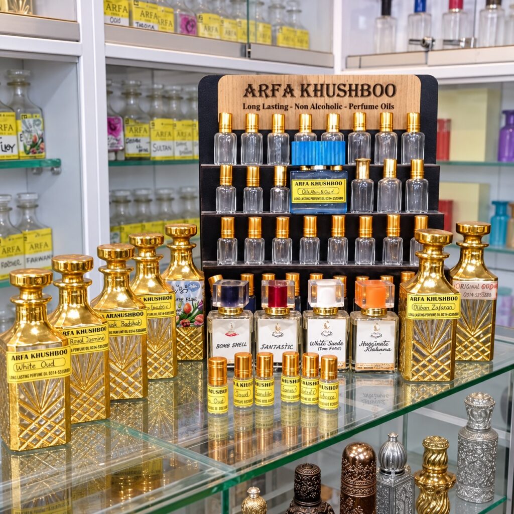 The ARFA KHUSHBOO counter: gold decanters, a wooden display rack of perfume oil roll-ons and shelves of labelled bottles behind
